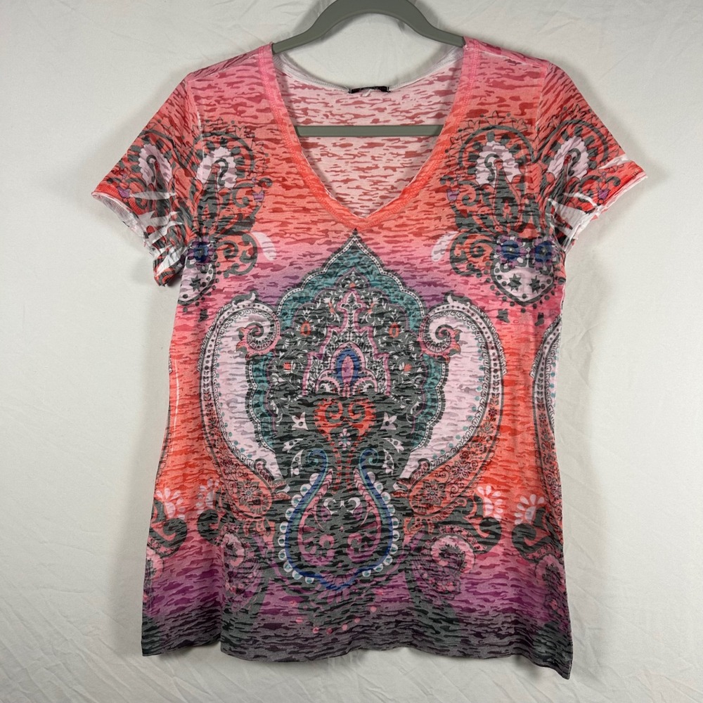 Cocomo Paisley Ombre Burnout Tee Women Pink Orange V-Neck Y2K Boho Short Sleeve